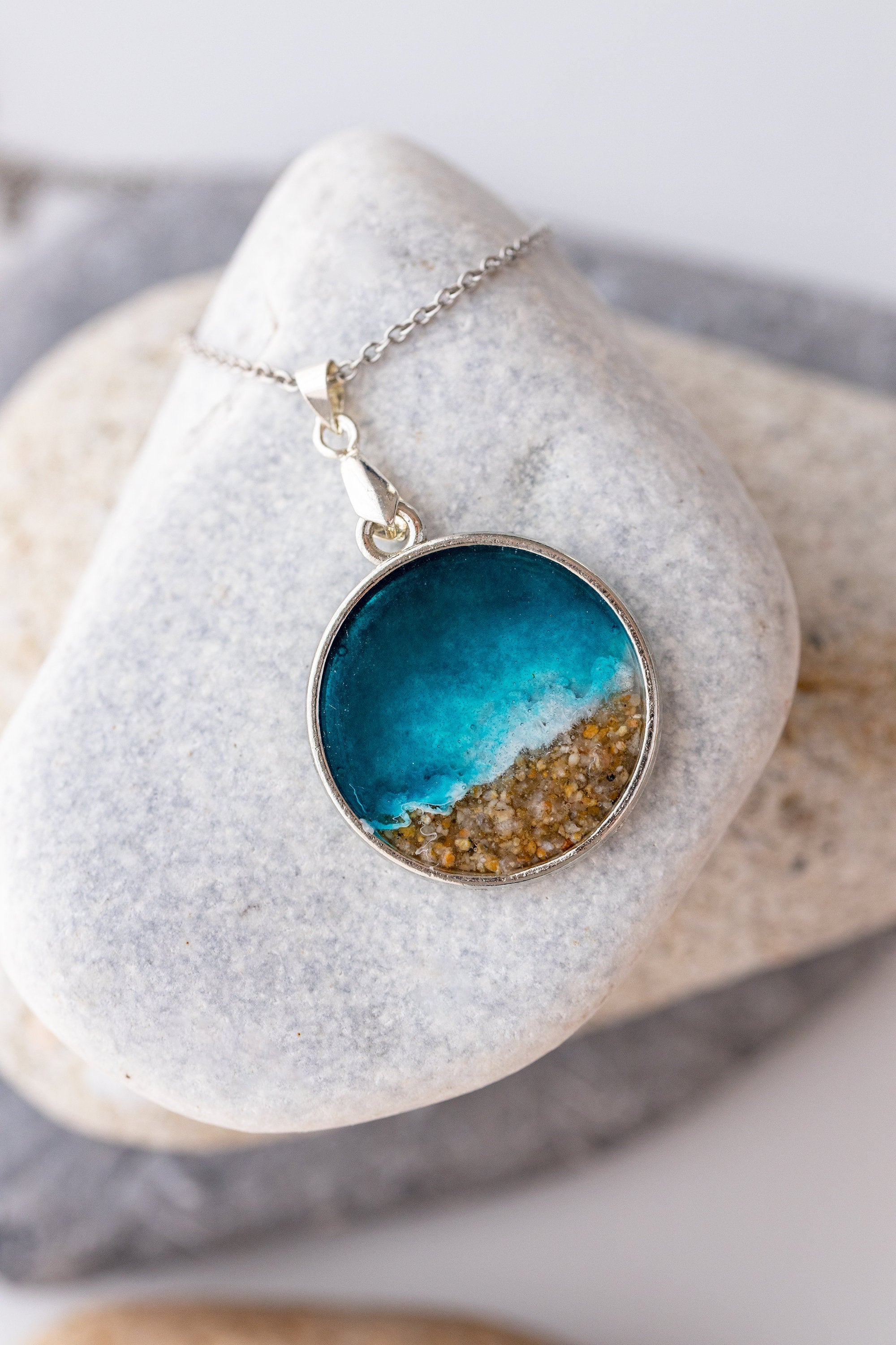 Ocean resin necklace Sea themed metal pendant with real sand Etsy