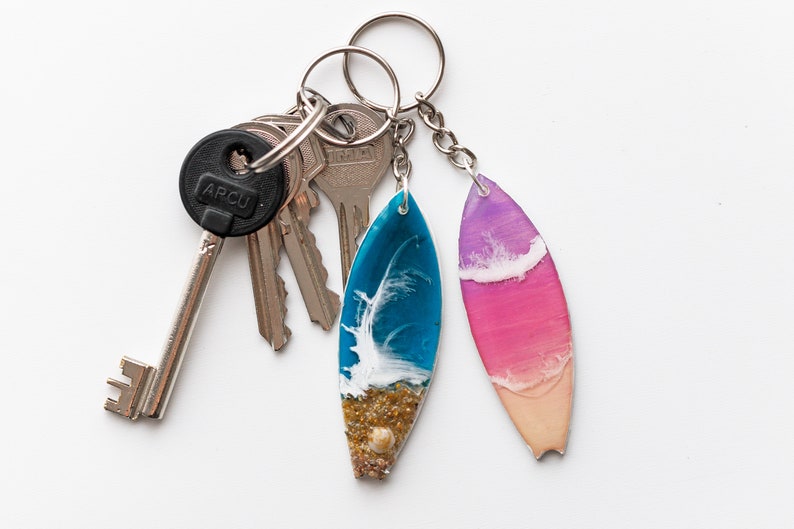 Surf Board Keychain. Wooden Mini Surf With Resin Sea Waves. Etsy