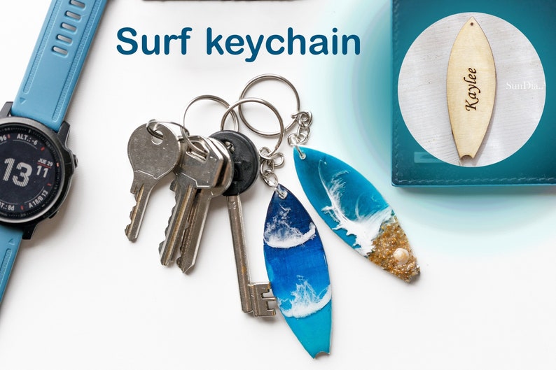 Surf Board Keychain. Wooden Mini Surf With Resin Sea Waves. Etsy