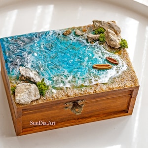 Portagioie in legno a forma di mare. Portagioie, portagioie, portaoggetti, decorazione marina, piccolo portagioie, portaoggetti per ricordi, portaoggetti per matrimonio in spiaggia con coperchio.