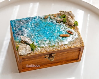 Wooden sea jewelry box. Trinket Treasure Box Coastal storage Ocean decor Small jewelry box, Memory box, Beach wedding box keepsake with Lid