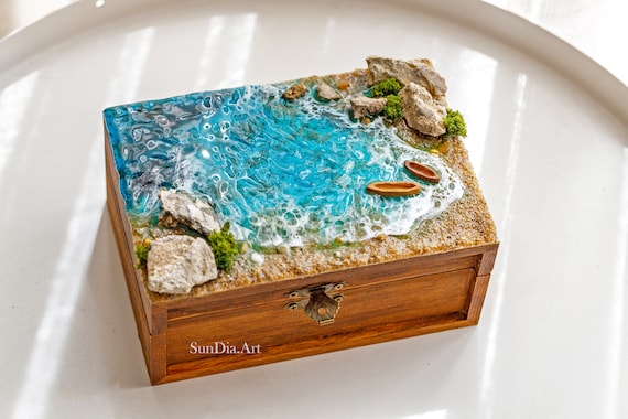 Wooden Sea Jewelry Box. Trinket Treasure Box Coastal Storage Ocean