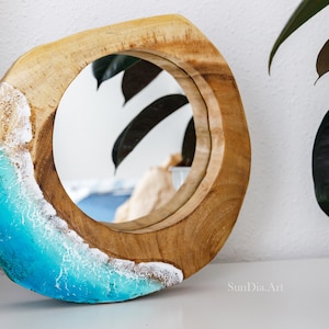 Sea Wooden mirror. Blue Brown Resin mirror. Beach house mirror. Wooden frame round mirror. Rustic wall decor. Ocean decorative accent mirror