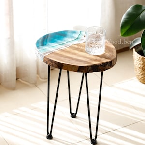 Round sea coffee table Resin epoxy. Round wooden end table. Small side table. Hairpin legs, living room, rustic, blue beach house decor.