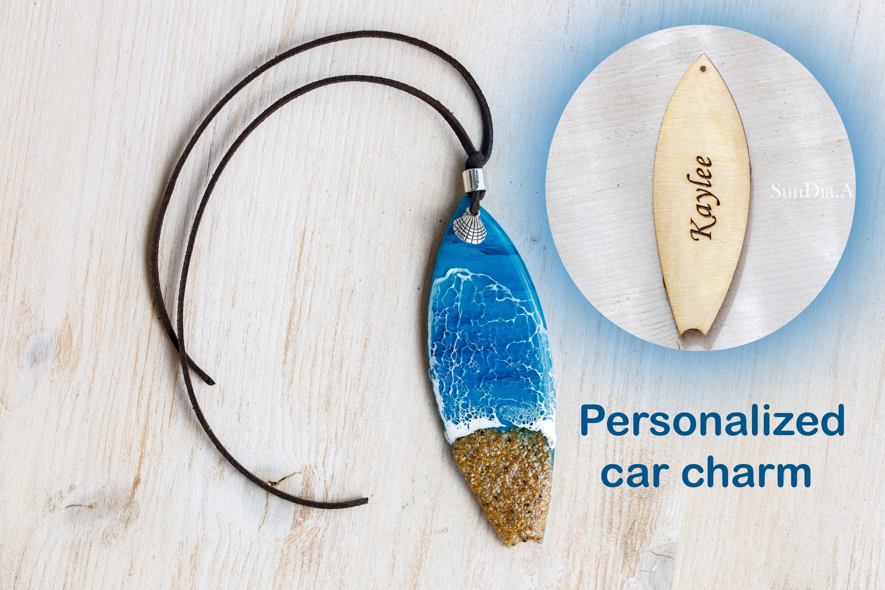 Surfboard car charm. Surfer car accessories. Car Mirror charm for