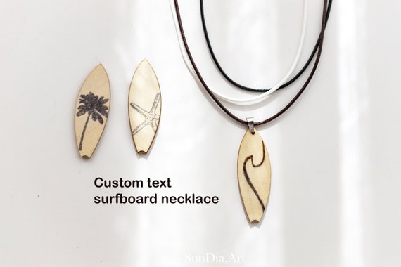 Surfboard Necklace Unisex. Custom Text. Engraving Personalized