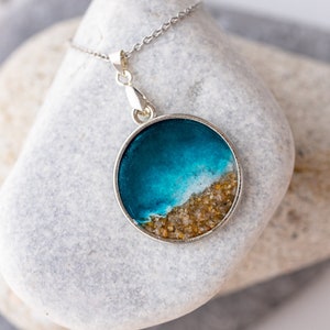 Ocean resin necklace | Sea themed metal pendant with real sand | Seaside Beach lovers jewelry | Boho necklace | Heart shape blue necklace