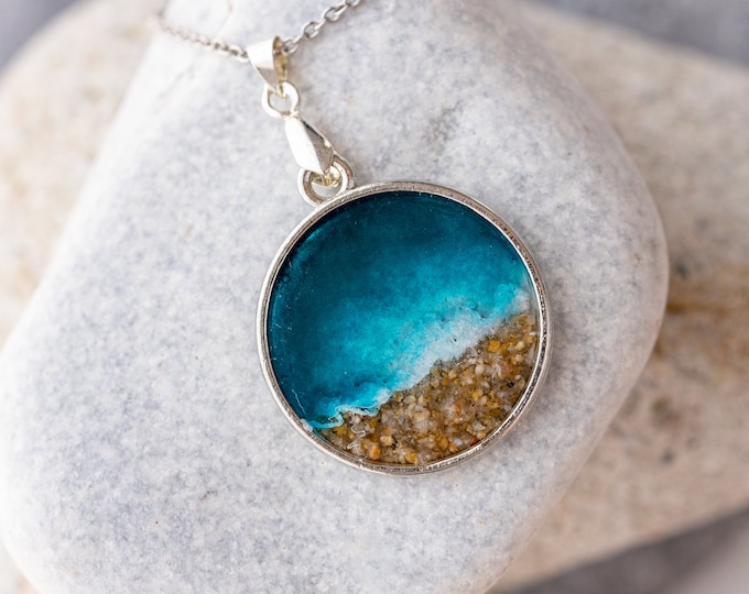 Ocean resin necklace | Sea themed metal pendant with real sand | Seaside Beach lovers jewelry | Boho necklace | Heart shape blue necklace