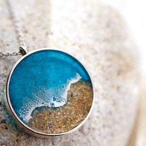 Ocean resin necklace Sea themed metal pendant with real sand Seaside Beach lovers jewelry Boho blue necklace retirement gift for women
