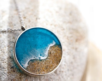 Ocean resin necklace Sea themed metal pendant with real sand Seaside Beach lovers jewelry Boho blue necklace retirement gift for women