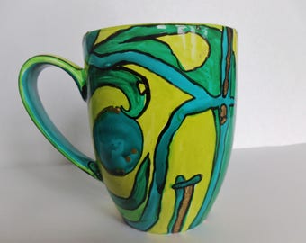 Coffee - Tea Pot Cup in colori vivaci dipinti a mano con foglia d'oro applicata