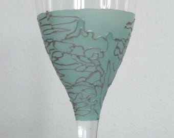 Champagne flute glass in * Chalky Ice Blue with silver lining *
