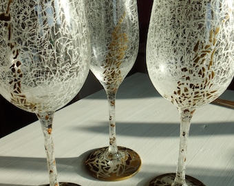 Bicchiere da spumante Craquele Crac, vino rosso o vino bianco inciso e dipinto, con foglia d'oro