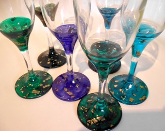 Madeleine * Bicchiere da champagne con foglia d'oro applicata nei toni del verde, blu e viola *