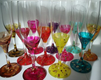 Madeleine * Bicchiere da champagne con foglia d'oro applicata nei toni del rosso, viola, giallo e arancione *