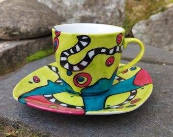Tazza da caffè e piattino HUI numero 2, dipinti a mano in modo unico