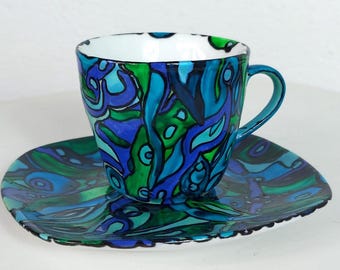 Set little Espresso or Tee Cup with an also handpainted saucer Nr 1