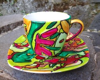 Tazza da caffè e piattino HUI, dipinti a mano in modo unico
