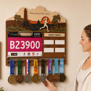 Medal Hanger for Her, Personalized Race Bib Holder and PR Tracker, Runner Gift Women