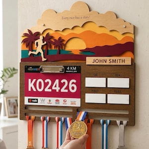 5K Medal Hanger for Runners, Personalized Race Bib Holder and First Race Keepsake