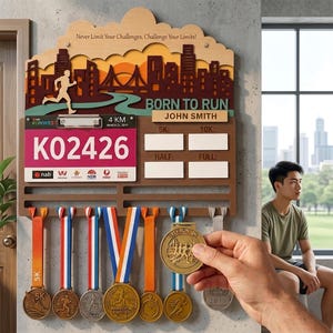 May include: A wooden wall-mounted medal display rack featuring a layered city skyline cutout, the text "Never Limit Your Challenges, Challenge Your Limits!" and "BORN TO RUN", a clip for a race bib numbered K02426, and slots for hanging multiple medals.