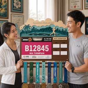 May include: A wooden Honolulu Marathon medal display rack featuring a layered cutout of a tropical landscape, a runner silhouette, and the text Run with heart, Finish with pride. It holds a race bib for Mia Thompson, number B12845, and seven medals.