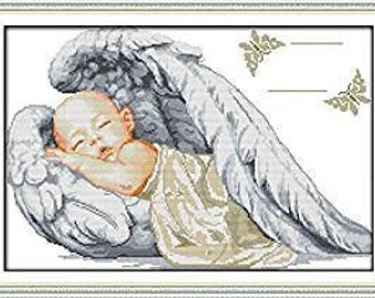 Benway Counted Cross Stitch Kit Little Sleeping Angel Birth Certificate 14 Count 51cm X 36cm