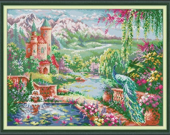 Benway Counted Cross Stitch Kit Peacock Mountain Red Castle Colorful Beautiful Garden 14count 48x37cm