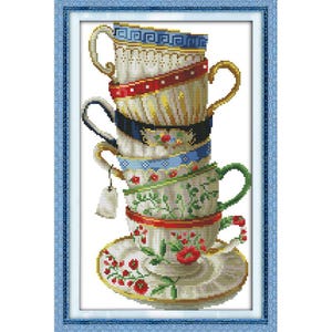 11ct Stamped Printed Cross Stitch Kits XStitch Sets For Kitchen Needle Work Wall Decor DIY Gift For Her Embroidery Kit Six Coffee Cups