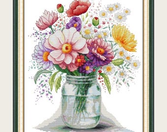 Kit de bordado de punto de cruz de 14 ct, juegos de punto de cruz impresos de 11 ct, decoración de pared, regalo DIY, jarrón de flores silvestres de colores, 17,72&#39;&#39; x 21,65&#39;&#39;