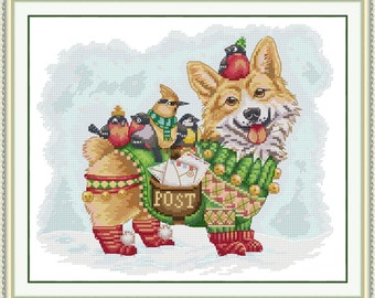 Stamped Pre-printed Cross Stitch Kit POST Dog Christmas Apple 11CT 17.32''x14.96''