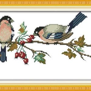 14ct Counted Stamped Cross Stitch Kit Pattern Tapestry Embroidery Needle Point Wall Decor Gift For Her Bullfinches Birds On Branch