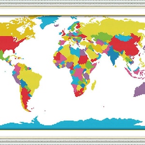 May include: A cross-stitch pattern of a world map featuring continents divided into various countries, each filled with solid colors including yellow, red, blue, green, and purple, all enclosed within a decorative white and gold rectangular frame.