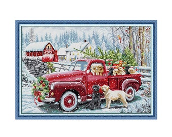 Counted Cross Stitch Christmas Delivery Van Red Car Dogs House Snow 14CT 62x44cm