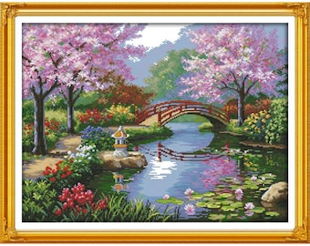 Kit de punto de cruz contado/estampado, 16CT, 14CT, 11CT, Paisaje japonés con puente de flores rosas de cerezo, Bordado de aguja DIY