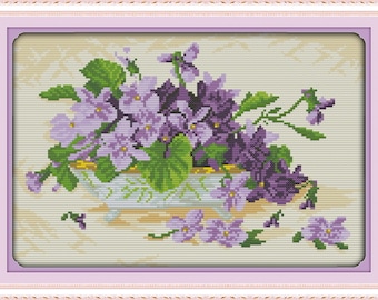 Kit de punto de cruz preimpreso estampado de 11 quilates, kit de bordado, kit de manualidades, jarrón de flores de bonsái violeta púrpura, 46 × 34 cm, 18,11&#39;&#39; x 13,39&#39;&#39;