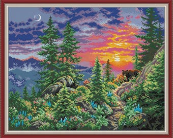 Mountain Sunset Bear Cross Stitch Kit, 11/14/16 CT Aida, Blank/Printed Fabric, Nature Landscape Embroidery Set for Home Decor