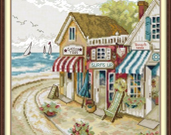 Stamped Pre-printed Shops By The Sea 11CT 43x44cm, 16.93''x17.32''