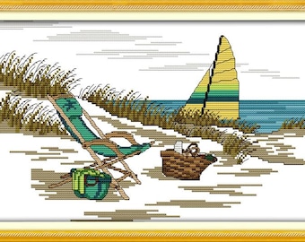 Kit de punto de cruz estampado: Escena costera, velero (47 x 32 cm)