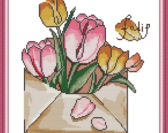 Stamped Tulips Cross Stitch Kit, Pre-Printed 11CT Embroidery