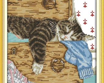 Kit de punto de cruz estampado "Gato durmiendo", lienzo impreso de 11 quilates