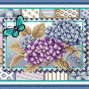 Kit de point de croix Kit de broderie tapisserie au point d'aiguille Ensembles de point de croix faciles Décoration murale DIY Cadeau pour elle Carte postale d'hortensia