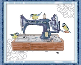 Stamped Cross Stitch Kit: Sewing Machine & Birds, 11CT DIY Embroidery