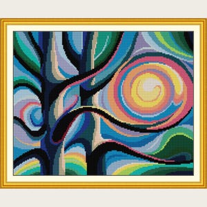May include: Abstract cross-stitch art in a gold frame. The artwork features a colourful design with swirling patterns in shades of blue, green, pink, and yellow. The design includes a tree-like structure with black branches and a spiral sun.