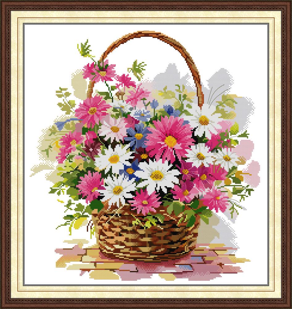 Kit de bordado de punto de cruz estampado avanzado de 14 hilos, decoración de pared, regalo para ella, cesta de margaritas, flores coloridas, 17,72 x 18,50 pulgadas