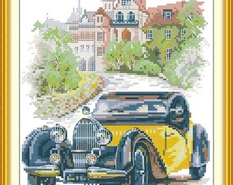 Stamped Pre-printed Cross Stitch Kit Yellow Classic Car Old Castle 11CT 33X39cm, 12.99''x15.35''