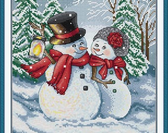 Christmas Snowman Cross Stitch Kit: Easy DIY Embroidery, Stamped/Counted