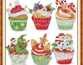 Stamped Pre-printed Cross Stitch Kit Colorful Christmas Six Cupcakes  11CT 36X35cm, 14.17''x13.78''