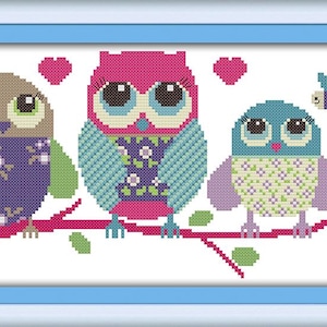 11CT Stamped Pre-printed Cross Stitch Kit Embroidery Kit, Cartoon Three Colorful Owls 48×24cm, 18.90''x9.45''