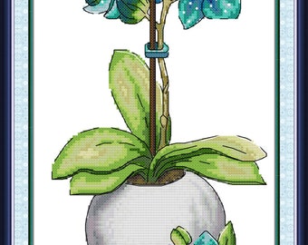 Stamped Pre-printed Cross Stitch Kit Pink For Kids For Beginners Flowers Blue Cymbidium Orchid 11CT 27x46cm, 10.63''x18.11''